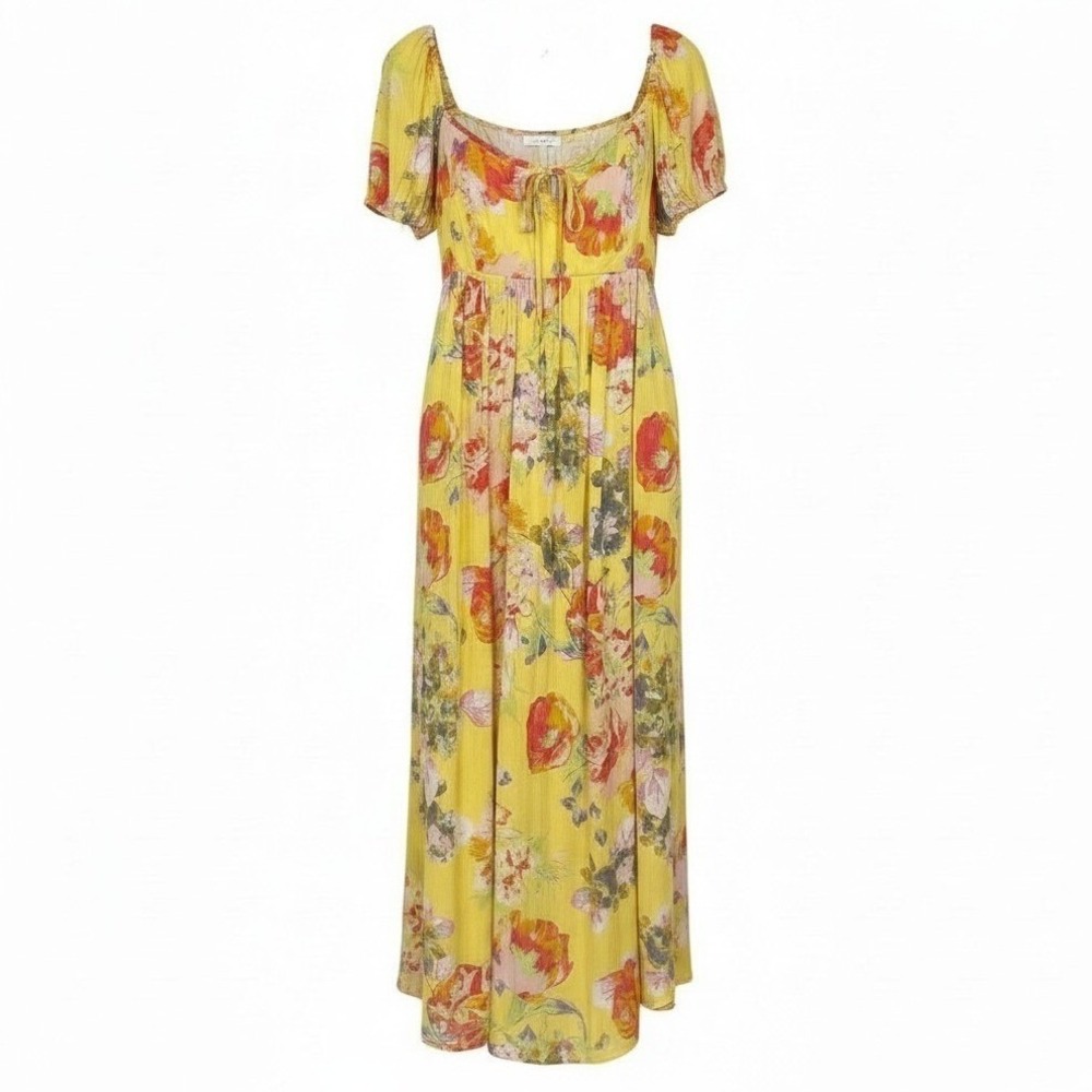 Band of the Free Yellow Floral Puff Sleeve Maxi Dress Size S Smocked Pocket Boho
